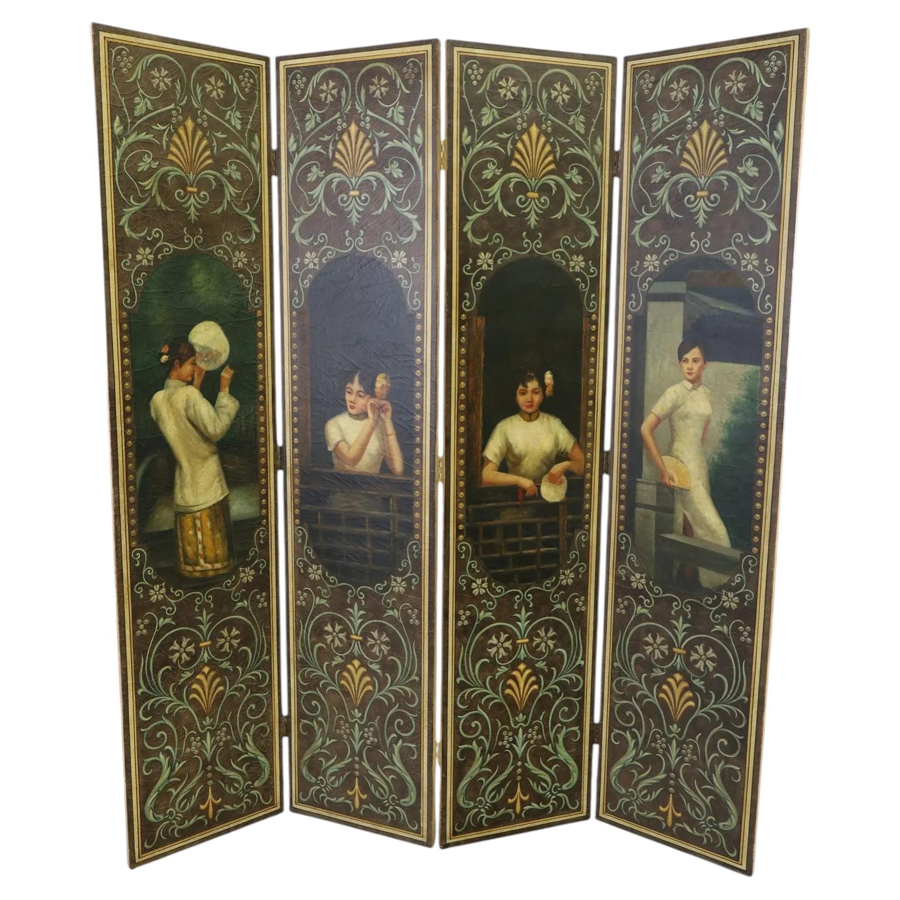 Dressing Screen, Four-Panel Chinoiserie with Painted Figures, Vintage, Antique For Sale