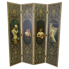 Dressing Screen, Four-Panel Chinoiserie with Painted Figures, Vintage, Antique