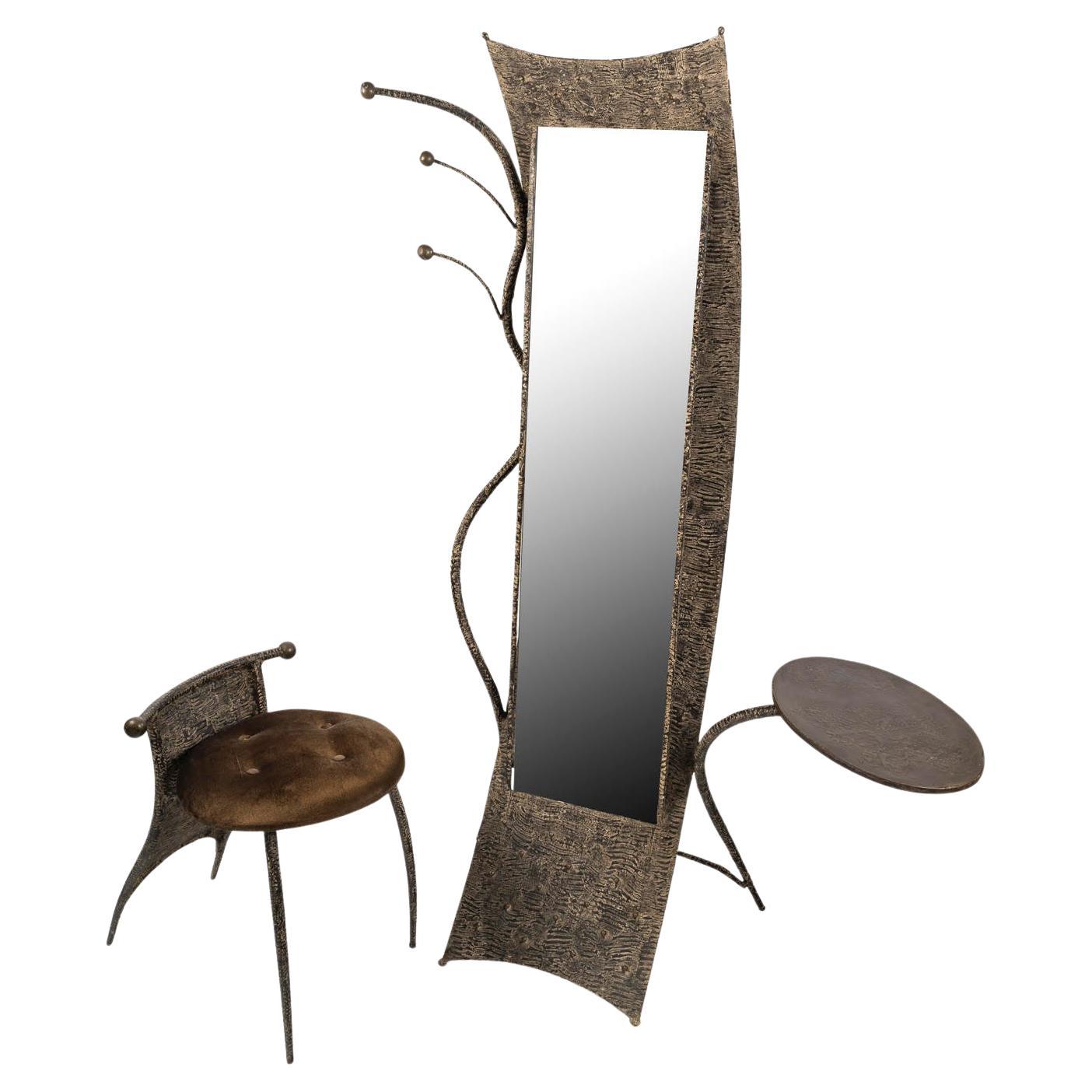 Dressing Table, Designer Coat Stand with its Patinated Metal Chair, 20th Century