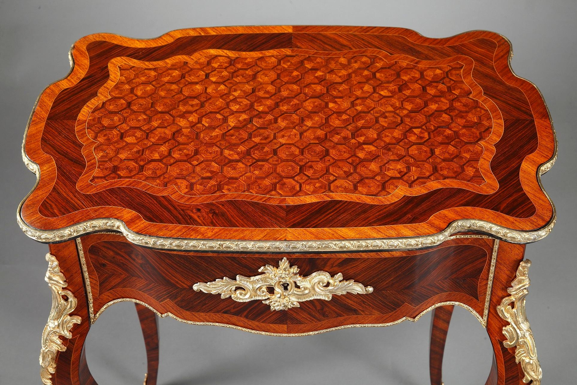 French Dressing Table in Exotic Wood Veneers and Marquetry in Louis XV Style