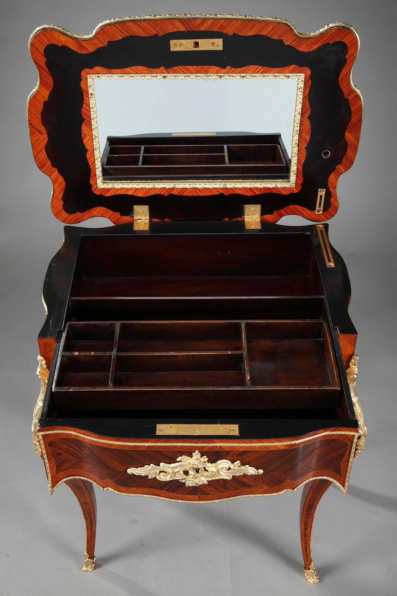 19th Century Dressing Table in Exotic Wood Veneers and Marquetry in Louis XV Style