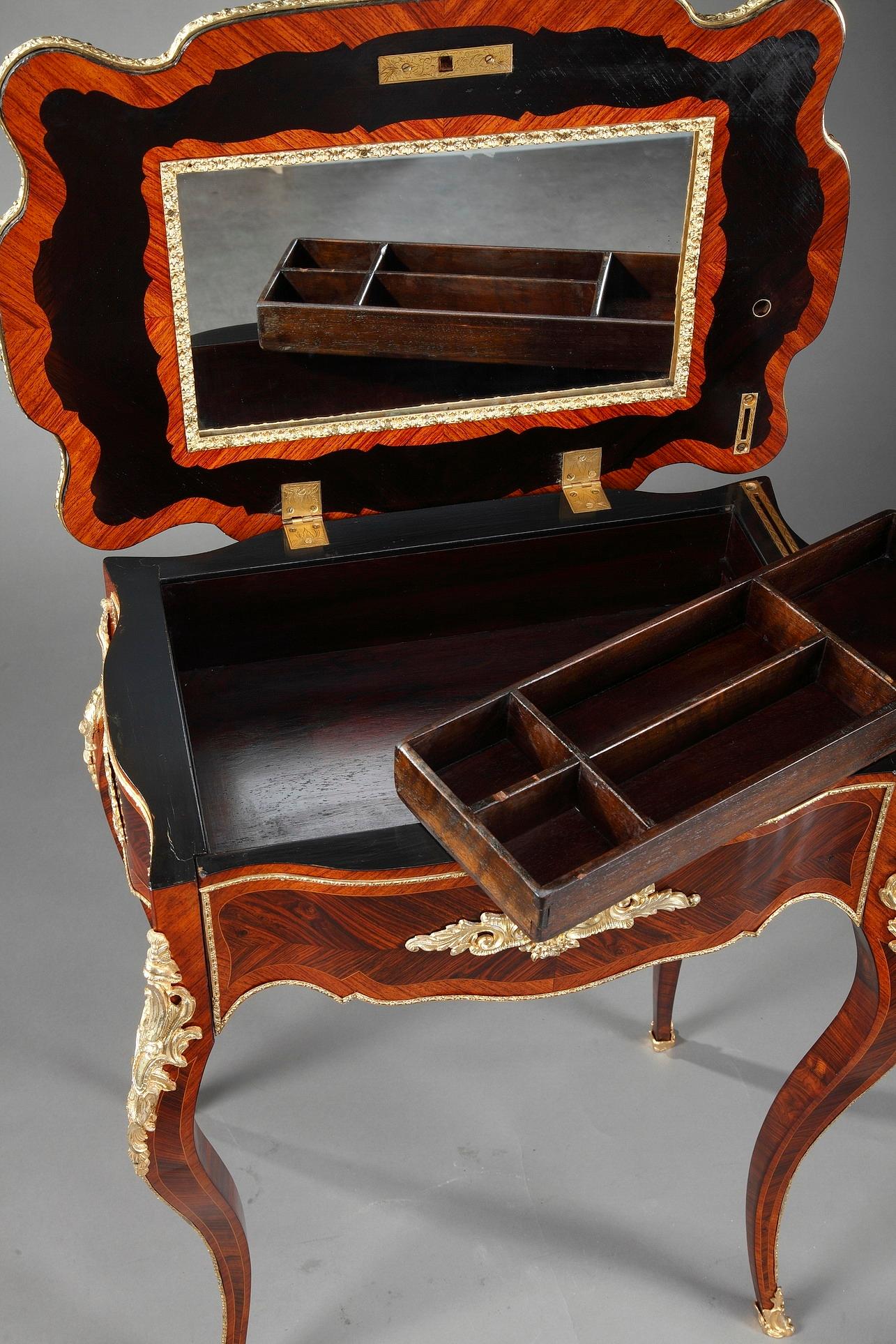 Bronze Dressing Table in Exotic Wood Veneers and Marquetry in Louis XV Style