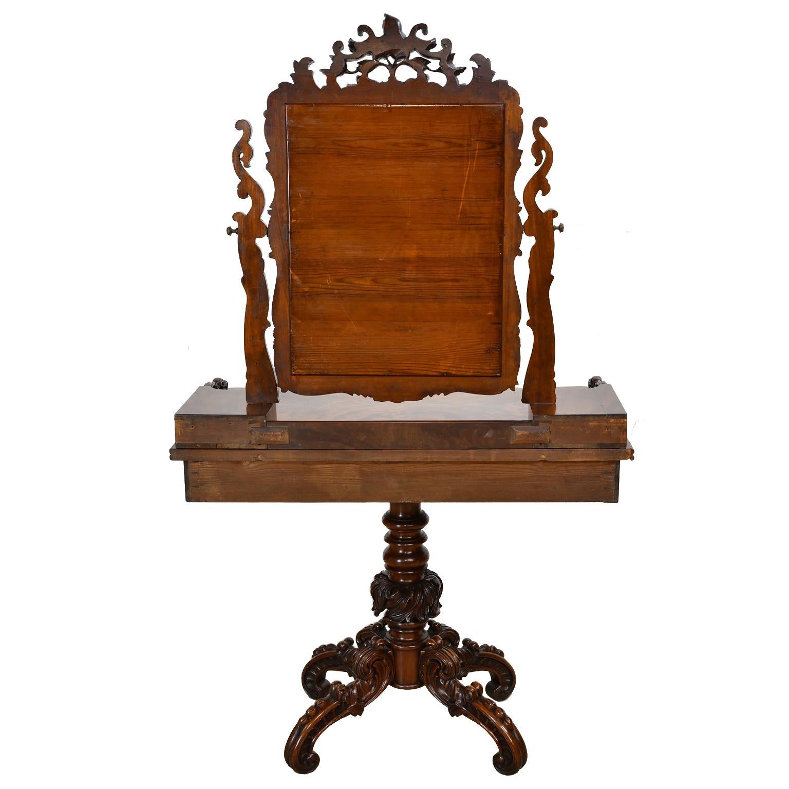 Louis Philippe Antique Karl Johan Dressing Table/Vanity & Mirror in Mahogany w/ Rococo Carvings For Sale