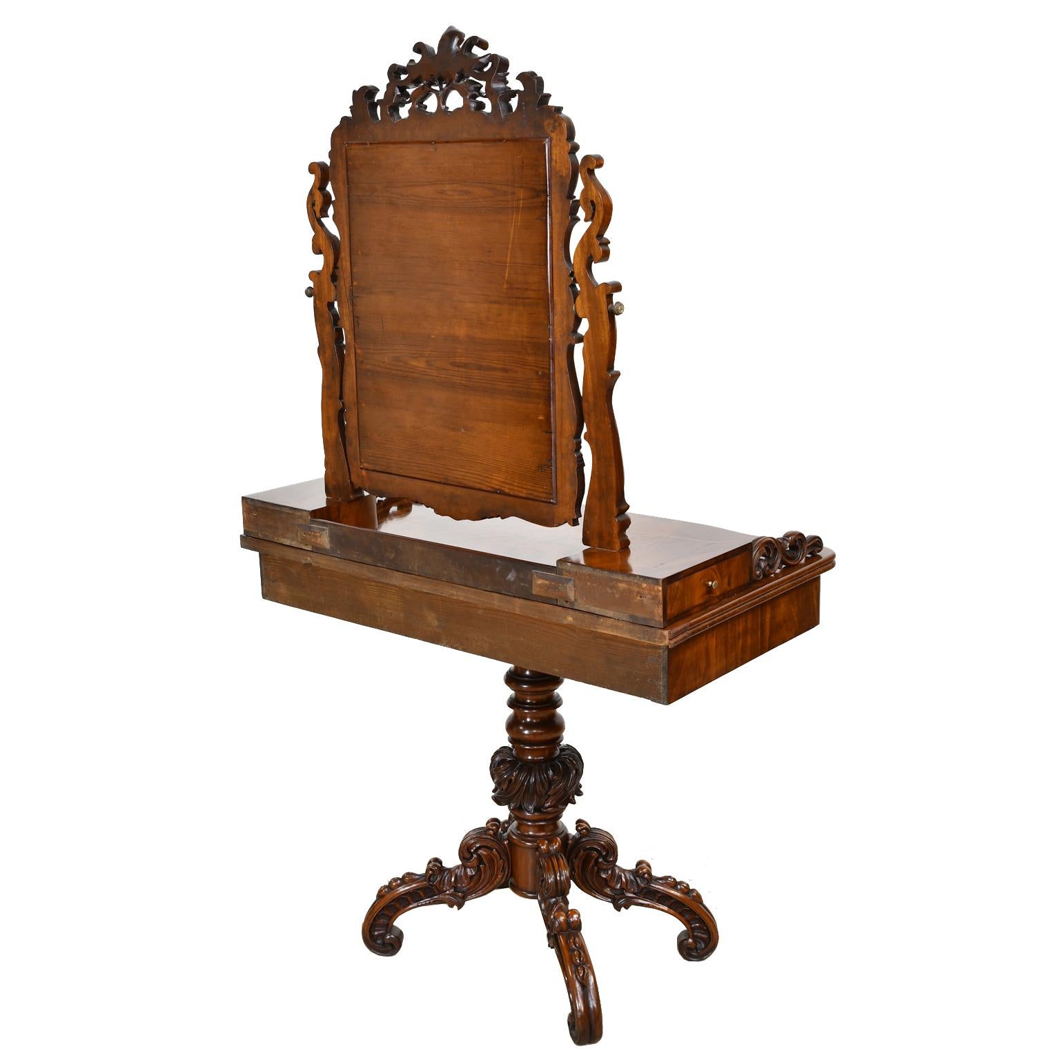 Swedish Antique Karl Johan Dressing Table/Vanity & Mirror in Mahogany w/ Rococo Carvings For Sale