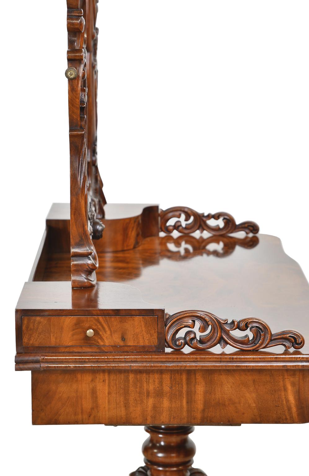 Hand-Carved Antique Karl Johan Dressing Table/Vanity & Mirror in Mahogany w/ Rococo Carvings For Sale