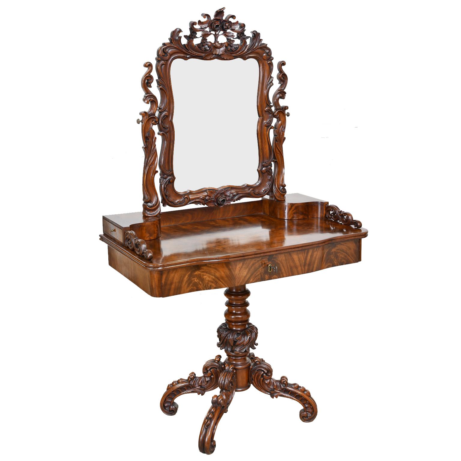 19th Century Antique Karl Johan Dressing Table/Vanity & Mirror in Mahogany w/ Rococo Carvings For Sale