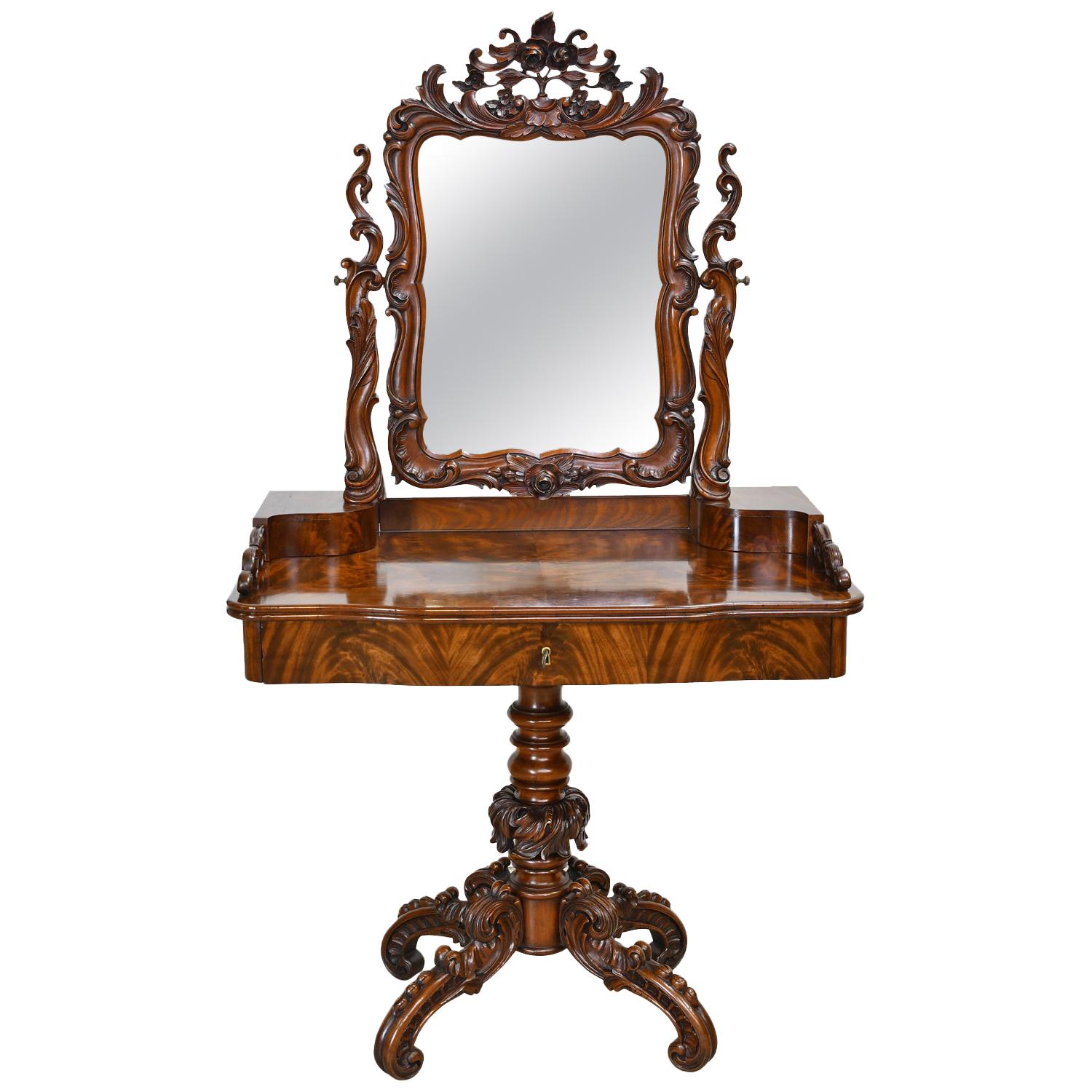 Antique Karl Johan Dressing Table/Vanity & Mirror in Mahogany w/ Rococo Carvings