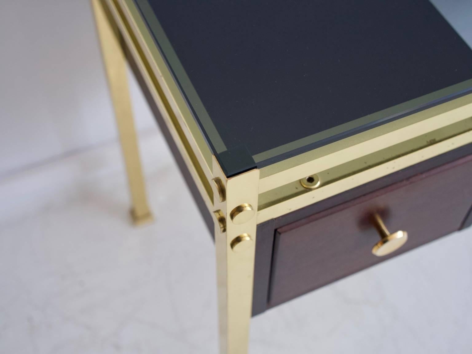 European Dressing Table or Console with Tinted Glass Top and Brass Frame