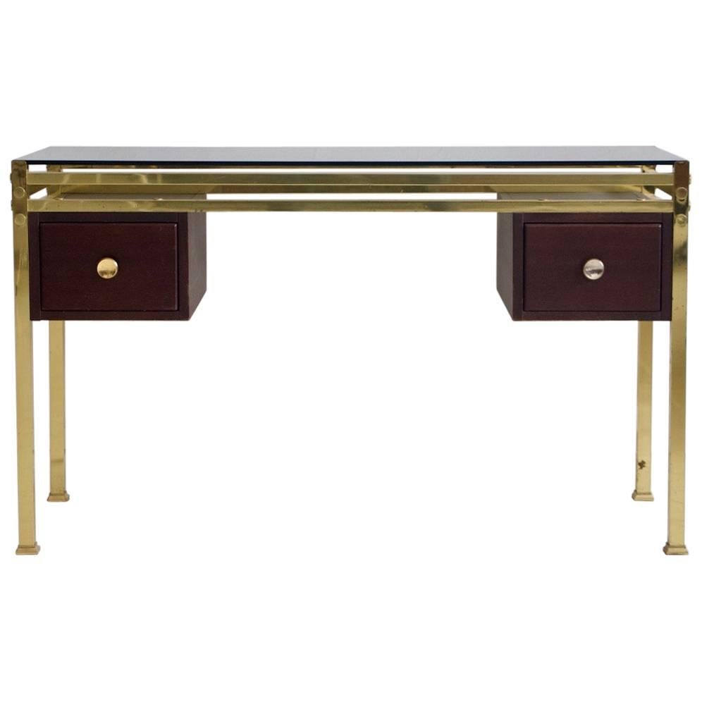Dressing Table or Console with Tinted Glass Top and Brass Frame