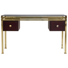 Dressing Table or Console with Tinted Glass Top and Brass Frame