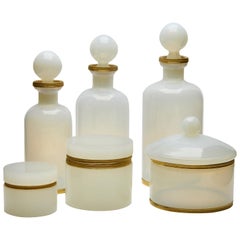 Vintage Dressing Table Set of 6 Opaline Glass with a Gold-Colored Metal Beading, 1960s