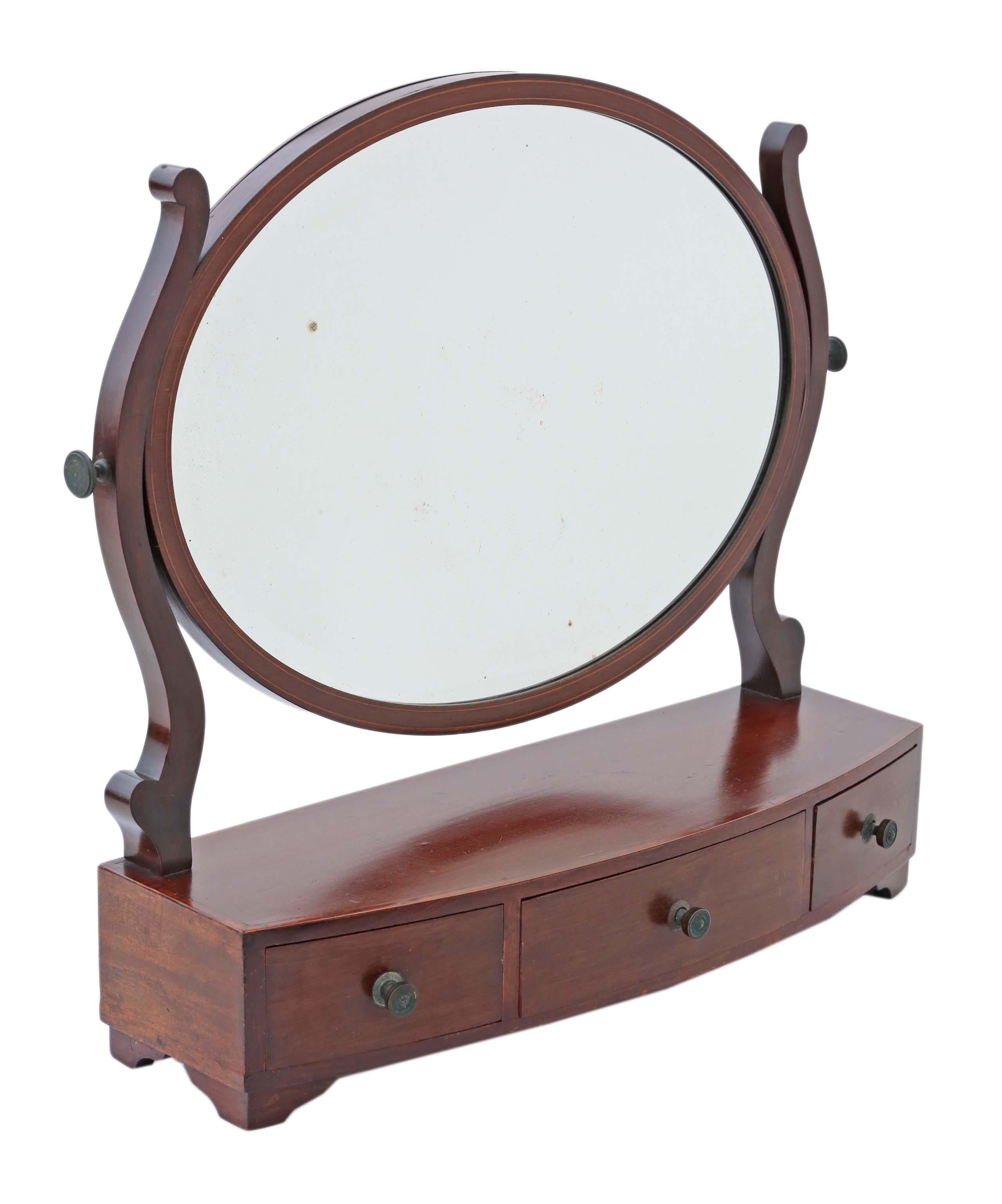 Antique fine quality dressing table swing mirror toilet circa 1880. Far better quality than most. A rare find with glorious ray cut mahogany veneers. The mirror holds position well.
Solid and strong, with no loose joints.
Would look great in the