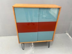 Dřevotvar Hradec Králové Cabinet with Metal Legs and Colored Glass