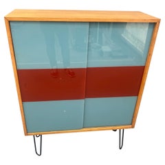 Dřevotvar Hradec Králové Cabinet with Metal Legs and Colored Glass