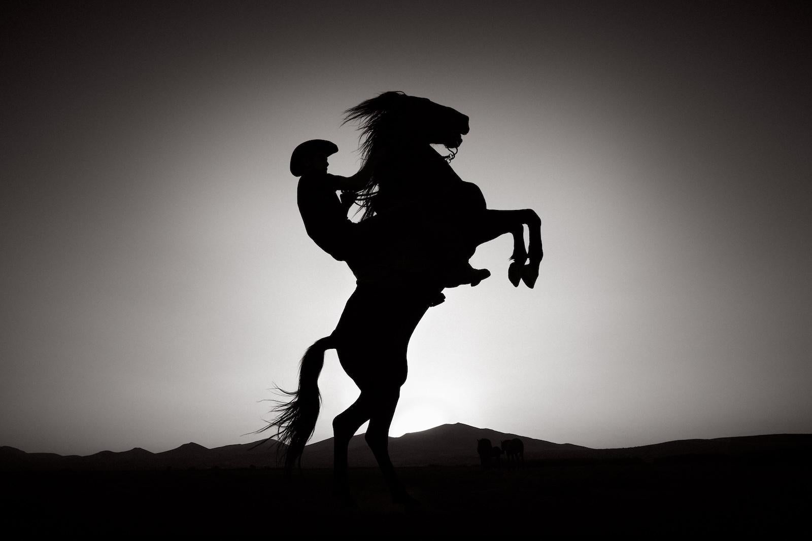 A cowboy rears up on his horse silhouetted against the darkening sky - Photograph by Drew Doggett