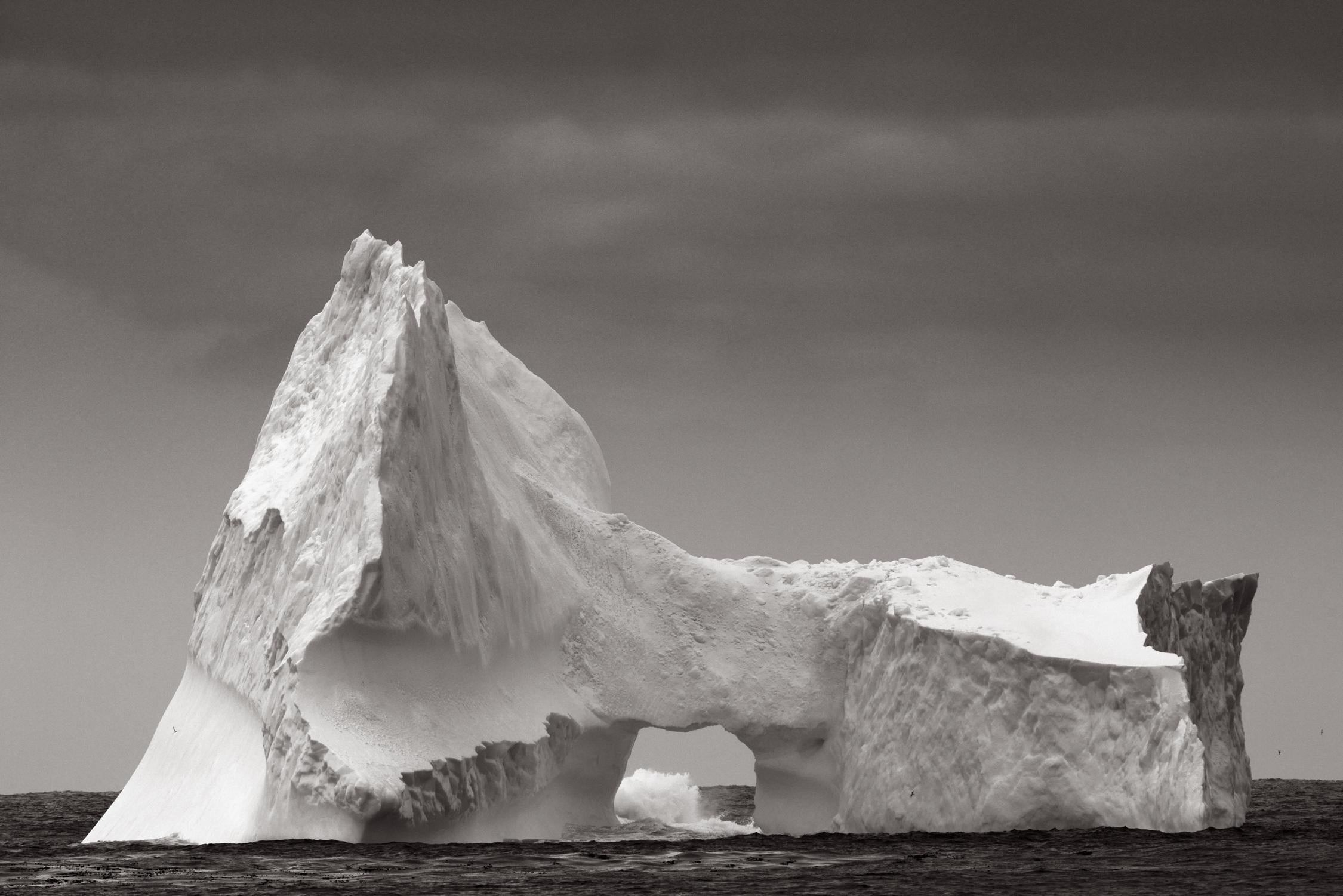 An iceberg with organic, angular features in this surreal black and white photo
