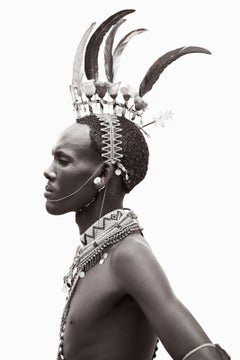 Black & White Profile Portrait of a Young Rendille Warrior with a Spear