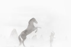 Cavallo che si alza accanto a un cowboy su uno sfondo fumoso e con formazioni rocciose