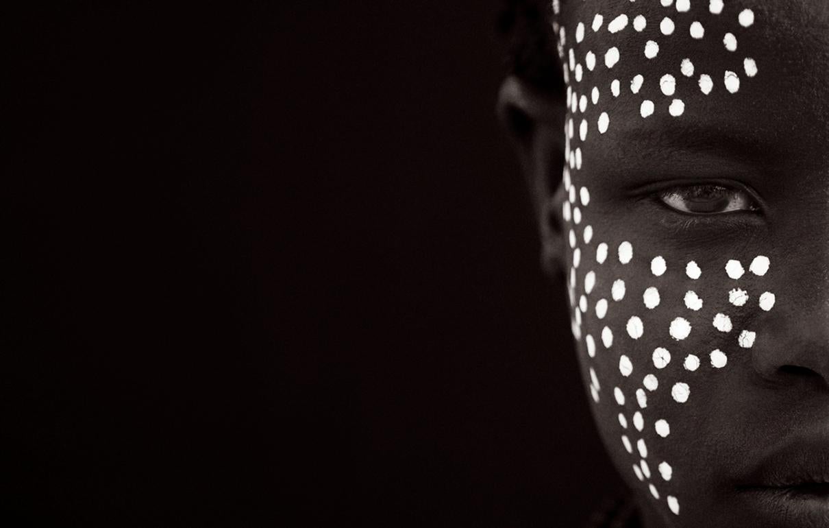 Drew Doggett Black and White Photograph - Iconic Portrait of a Young Man Wearing Tribal Face Paint, Ethiopia, Fashion