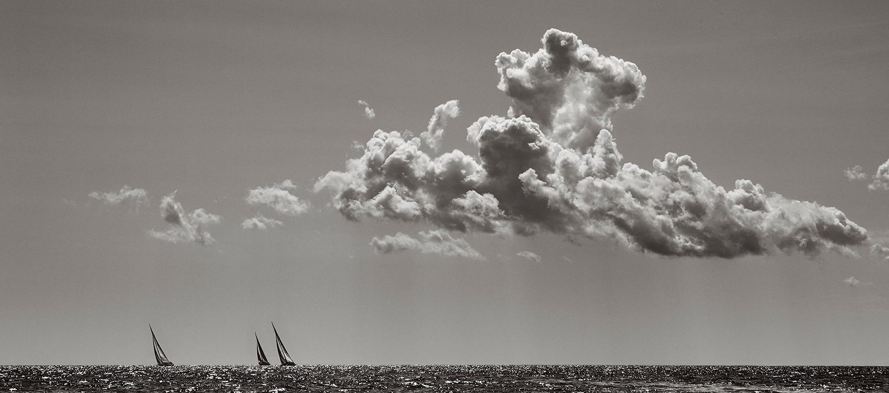 Drew Doggett Black and White Photograph - Iconic Racing Yachts in an Abstract Composition on the Still Seas