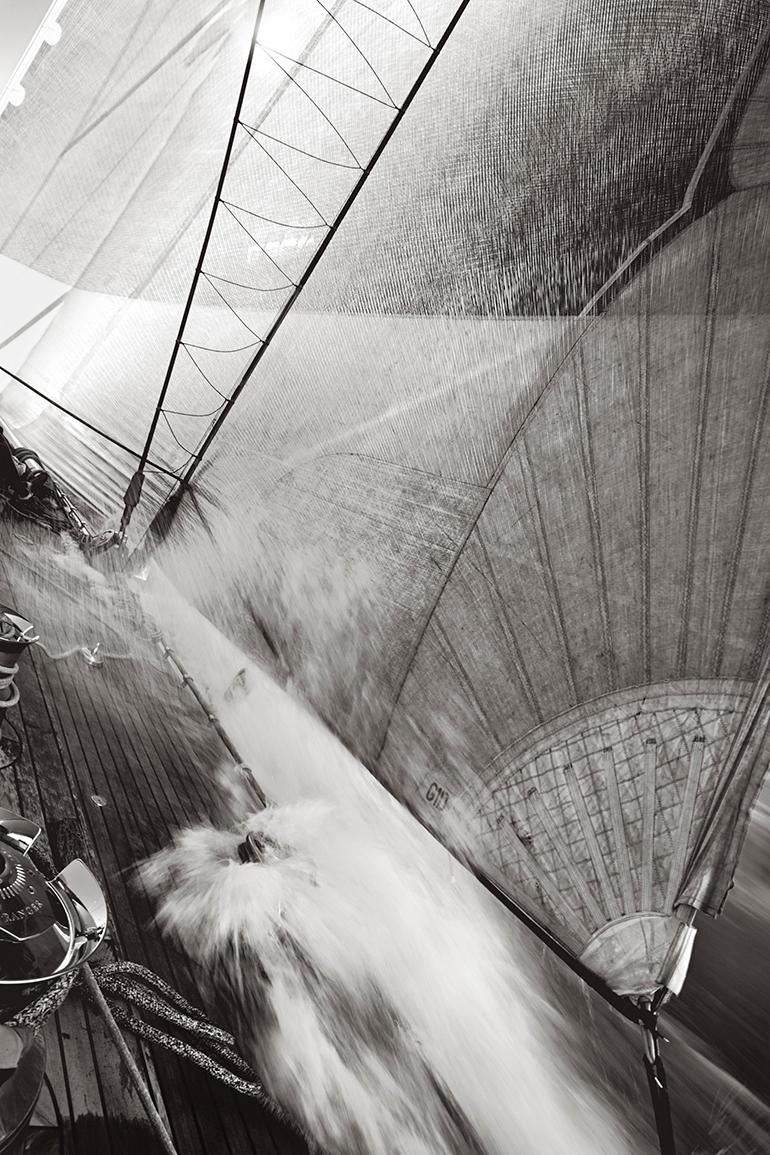 Drew Doggett Black and White Photograph - Italy, World Class Racing Yacht, Vertical, Action, Museum Acquisition