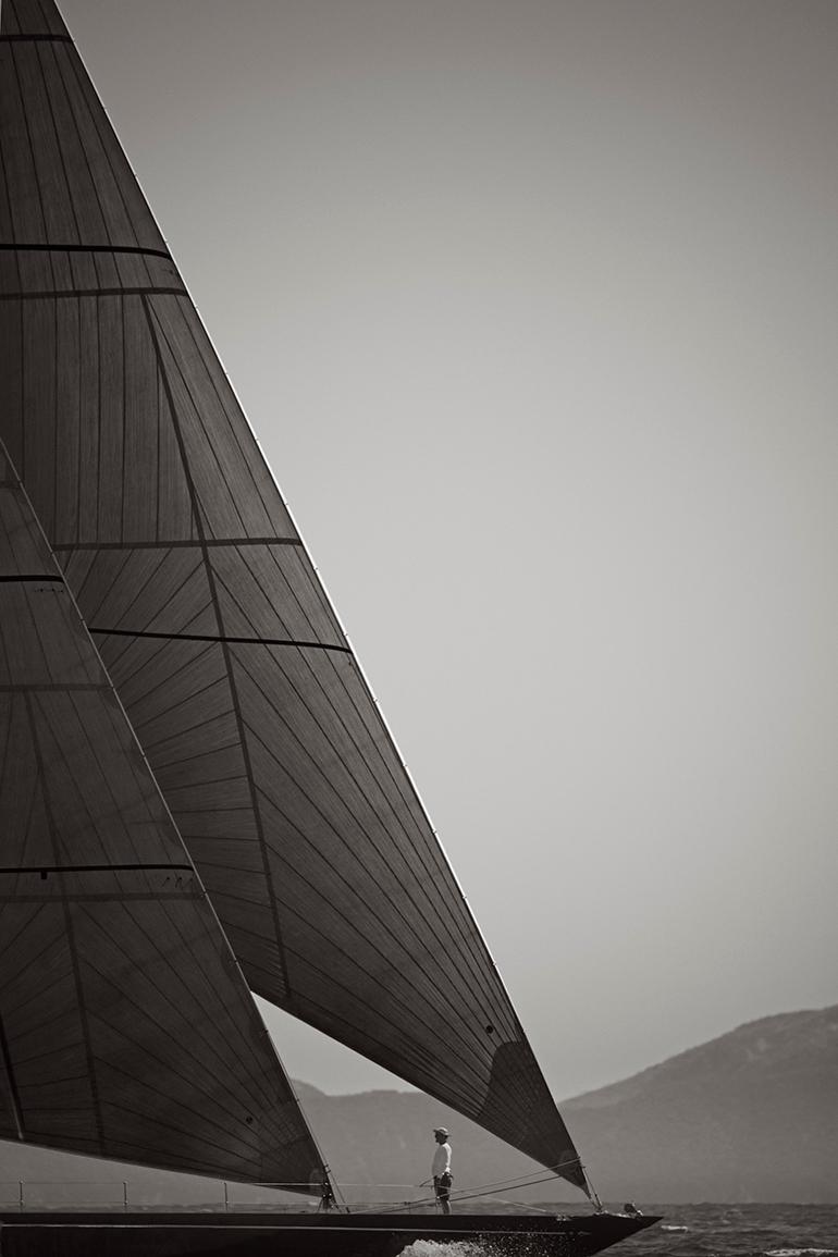 Drew Doggett Black and White Photograph - J-Class Racing Yacht Shamrock and Sailor in Europe, Iconic, Classic, Nautical