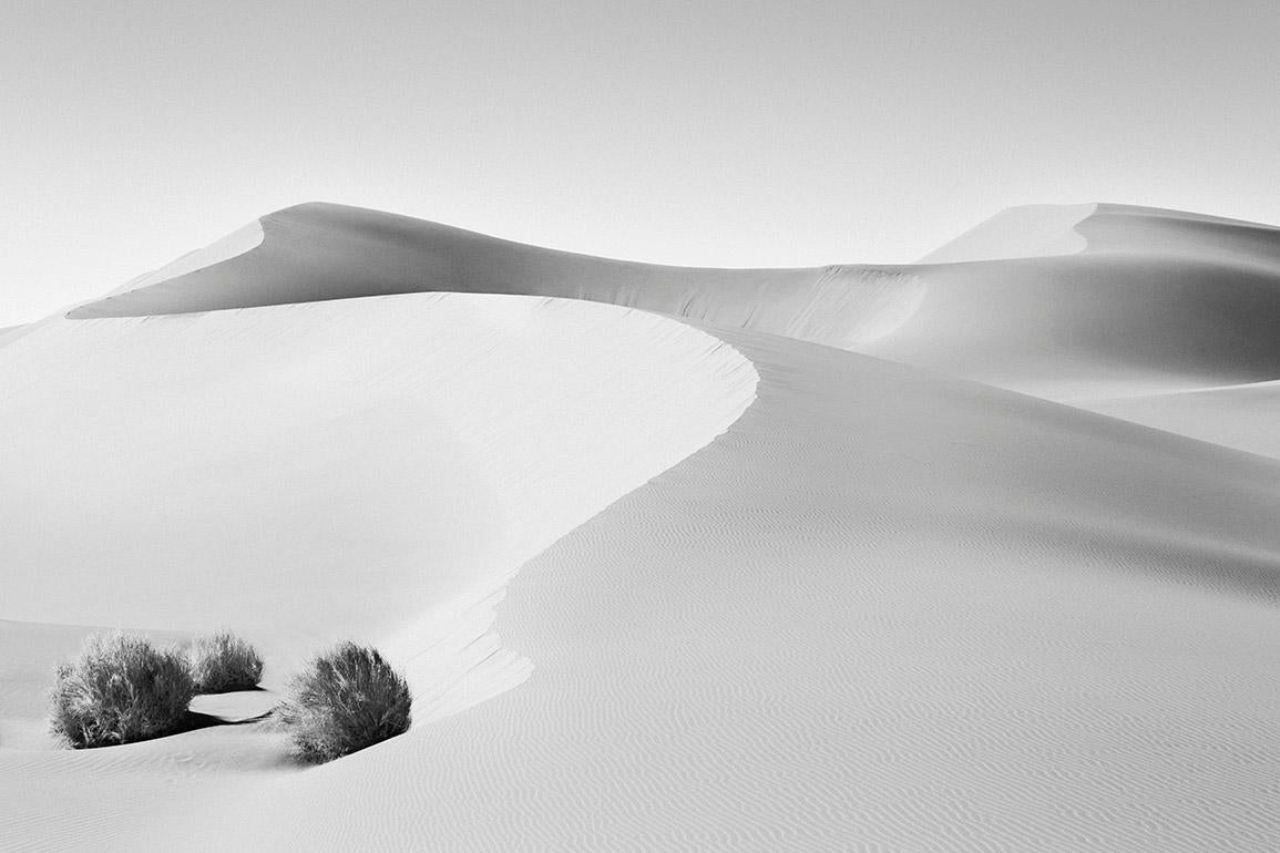 Drew Doggett Black and White Photograph – Minimale Landschaft einer Sandhütte in Namibia, Schwarz-Weiß-Fotografie