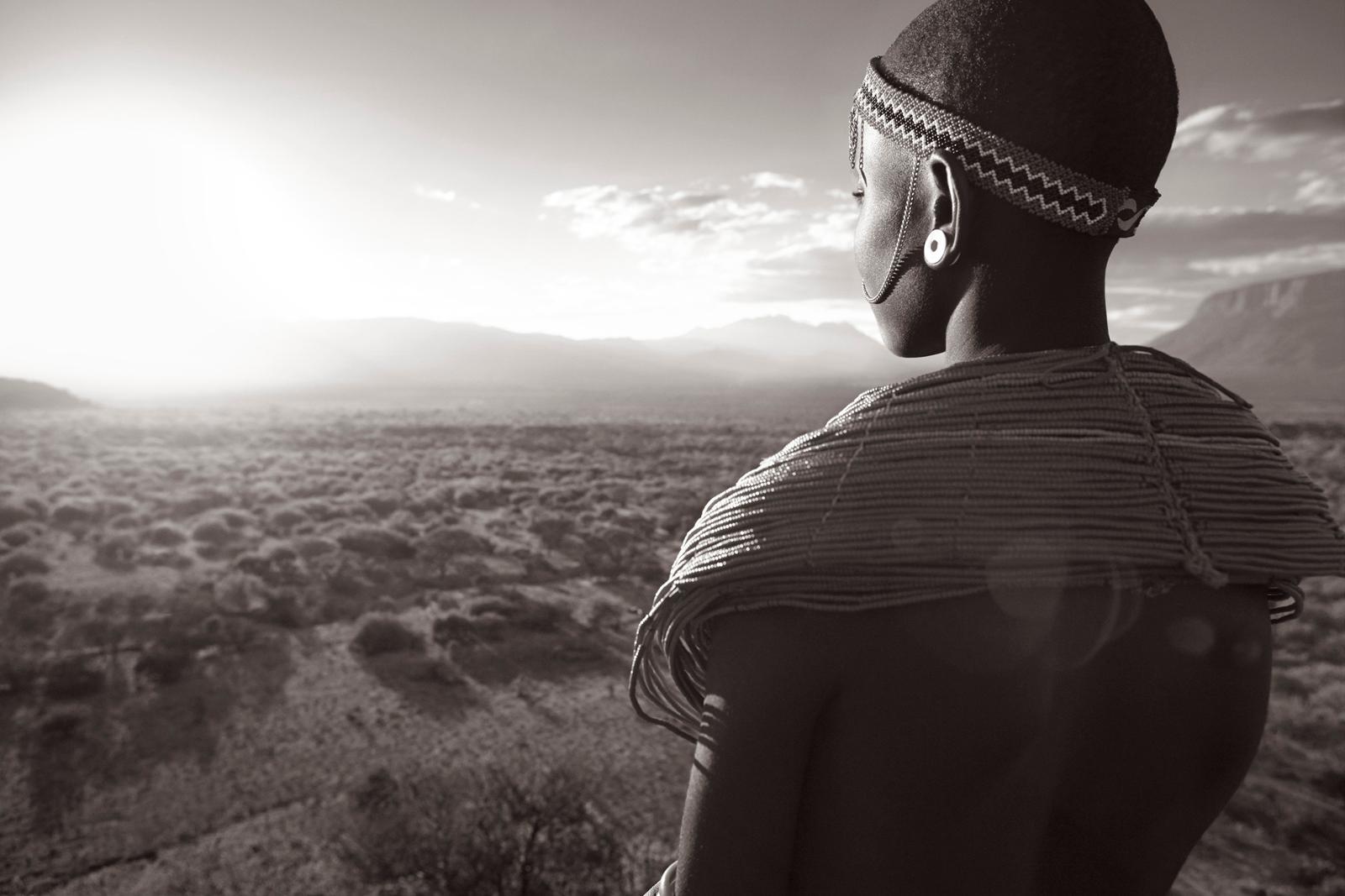 Drew Doggett Black and White Photograph - Portrait of a Rendille woman looking out over her ancestral territory in Kenya