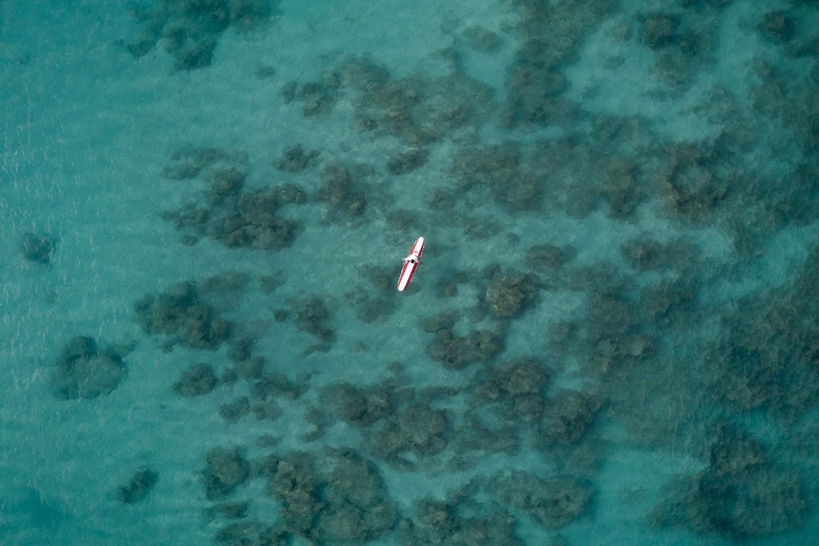 Surfer, die auf dieser Luftaufnahme über einem Riff warten und eine schöne Szene schaffen – Photograph von Drew Doggett