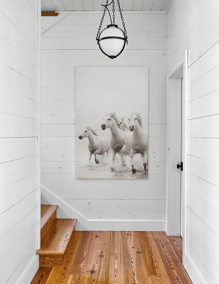 Three Bold White Horses Galloping Freely, Iconic, Cinematic, Ethereal - Gray Black and White Photograph by Drew Doggett