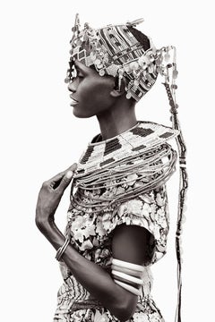Woman in Kenya Wearing Tribal Jewelry, Black and White Photography, Vertical