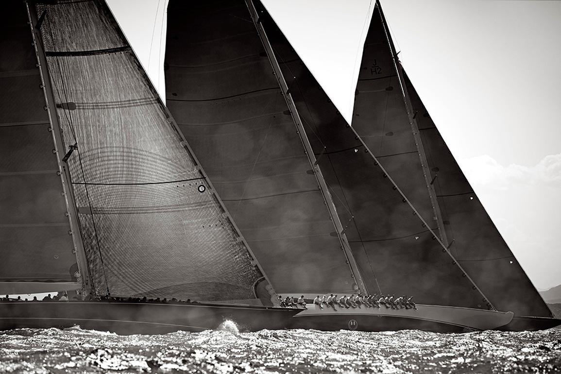 Drew Doggett Portrait Photograph - World-Class Racing Yachts at Start of the Regatta, Black and White Photography