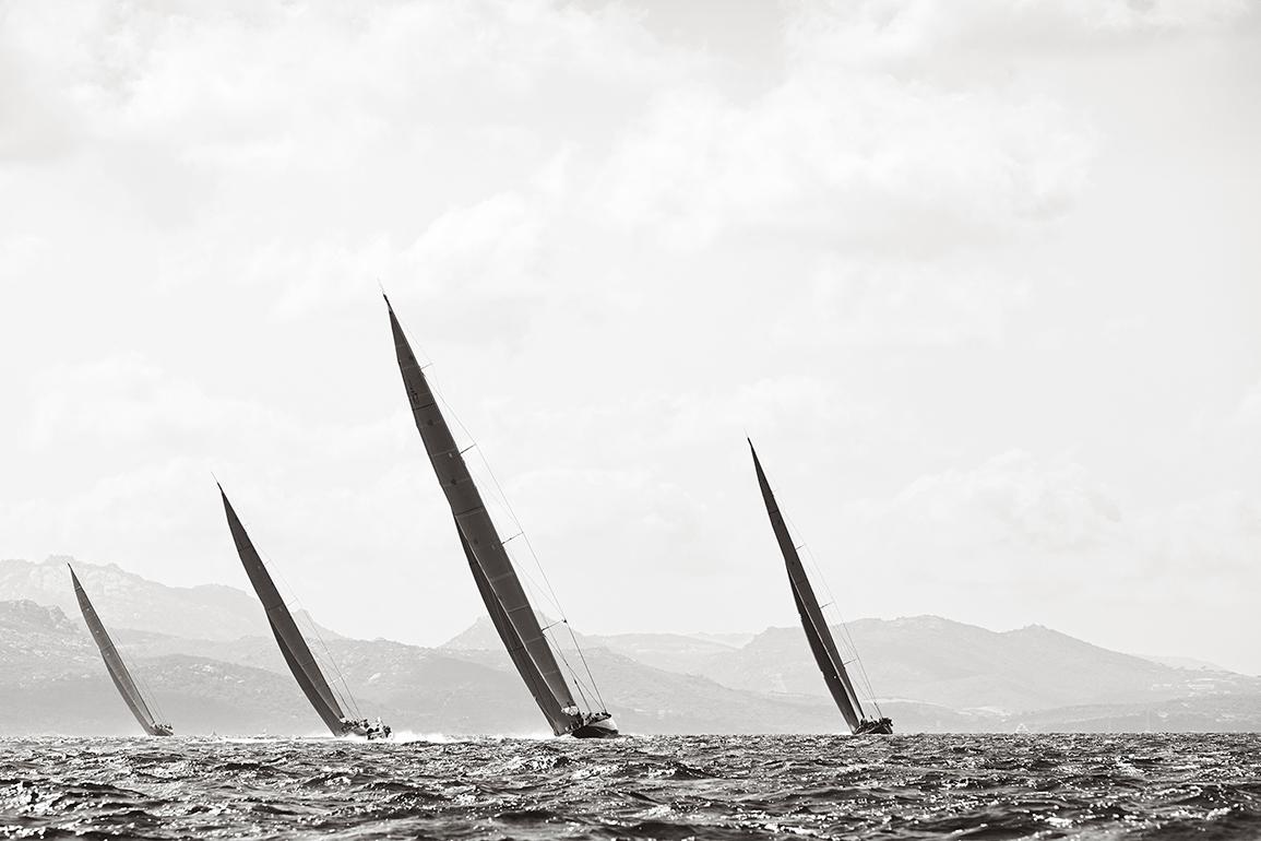 Drew Doggett Black and White Photograph - World Class Sailboats on the Open Seas, Classic, Horizontal, Minimalist