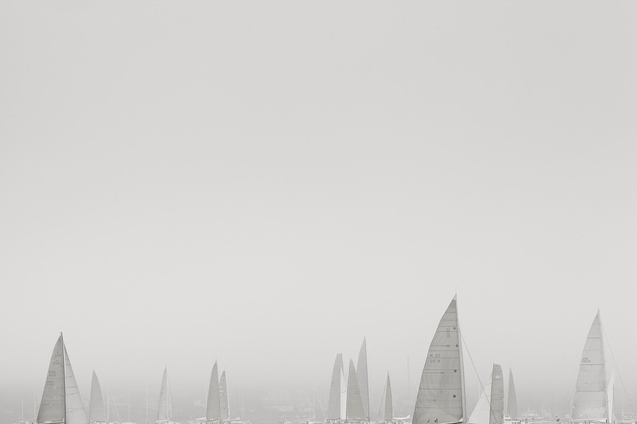 Drew Doggett Portrait Photograph - World-Class Yachts in Fog at the Regatta, Iconic Black and White Print