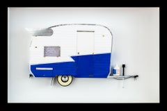 Used "4 SUMMER", Miniature, blue and white, camper van, trailer paper sculpture