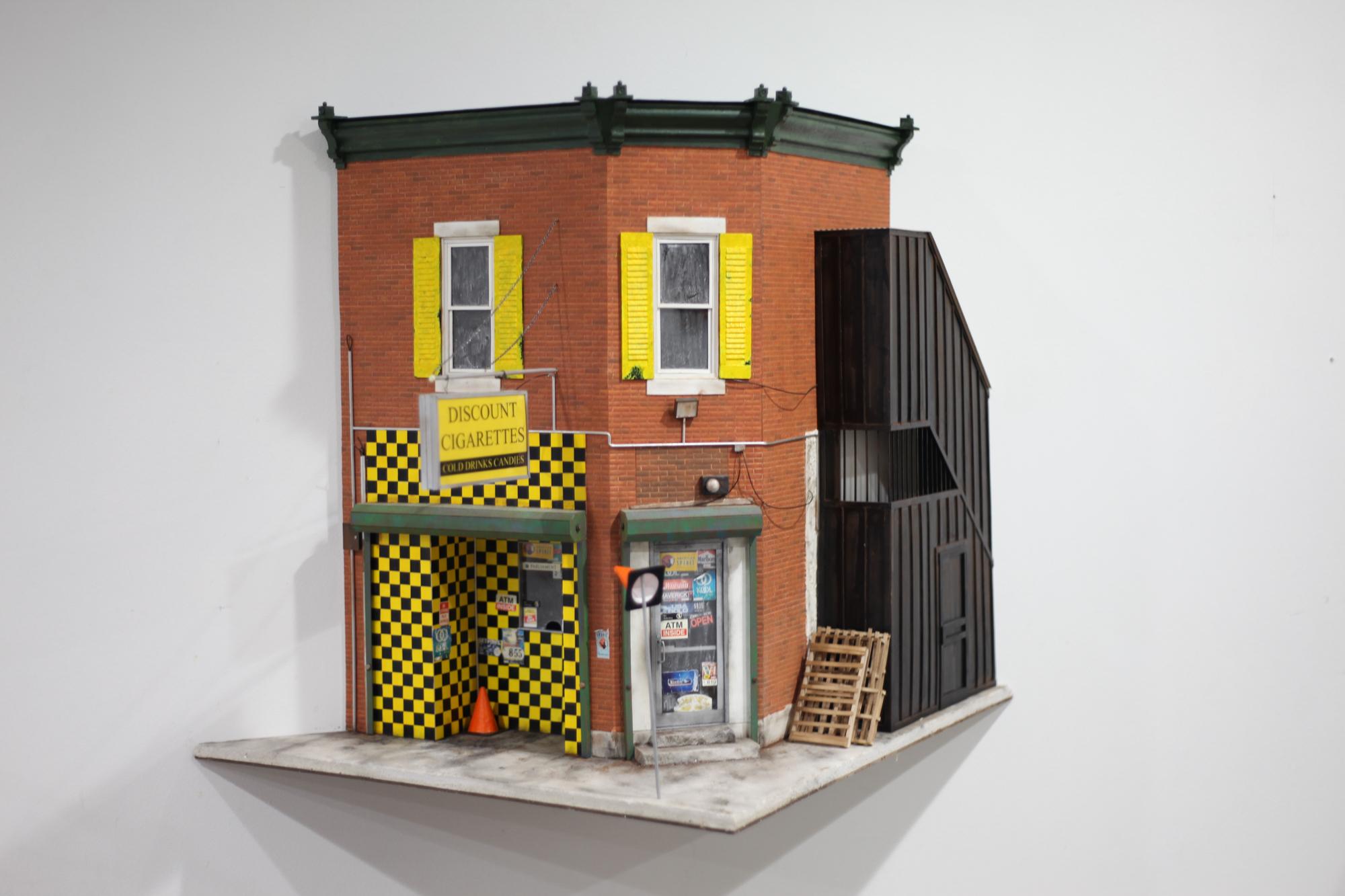 Drew Leshko Figurative Sculpture - "Discount Cigarettes", Miniature, Architecture, Building, Cityscape, Sculpture