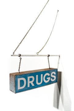 "Drugs (rectangle)", Miniature wall-hanging paper sculpture, distressed, vintage