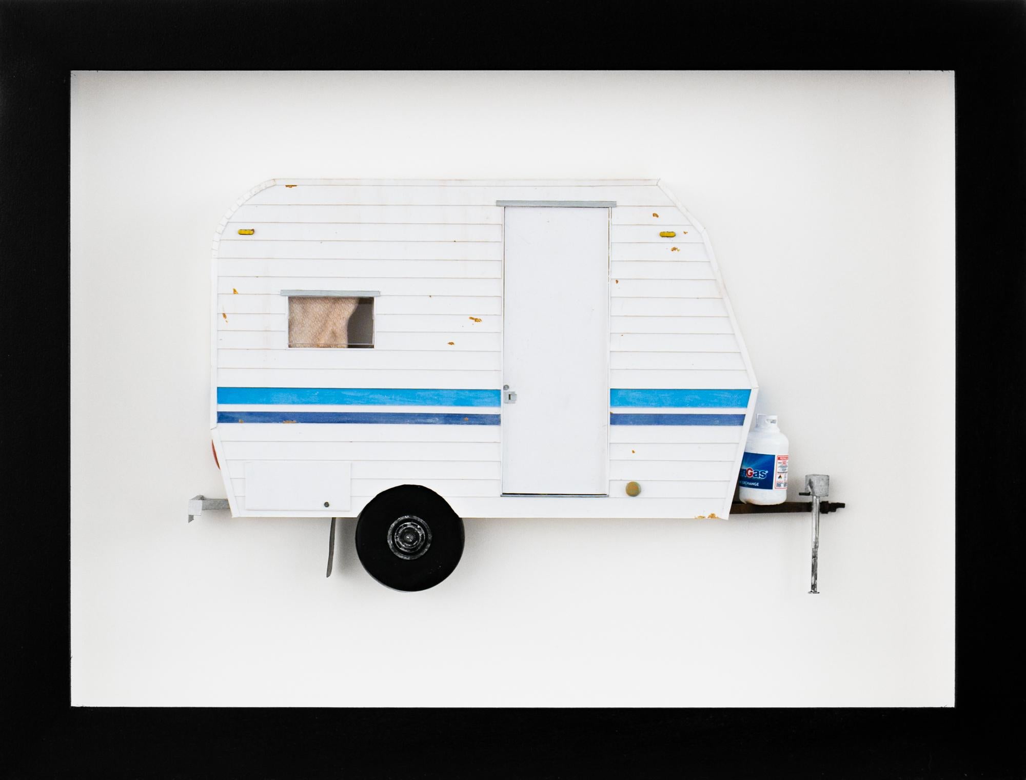 "FAR OUT", Miniature, white and blue trailer van, paper sculpture