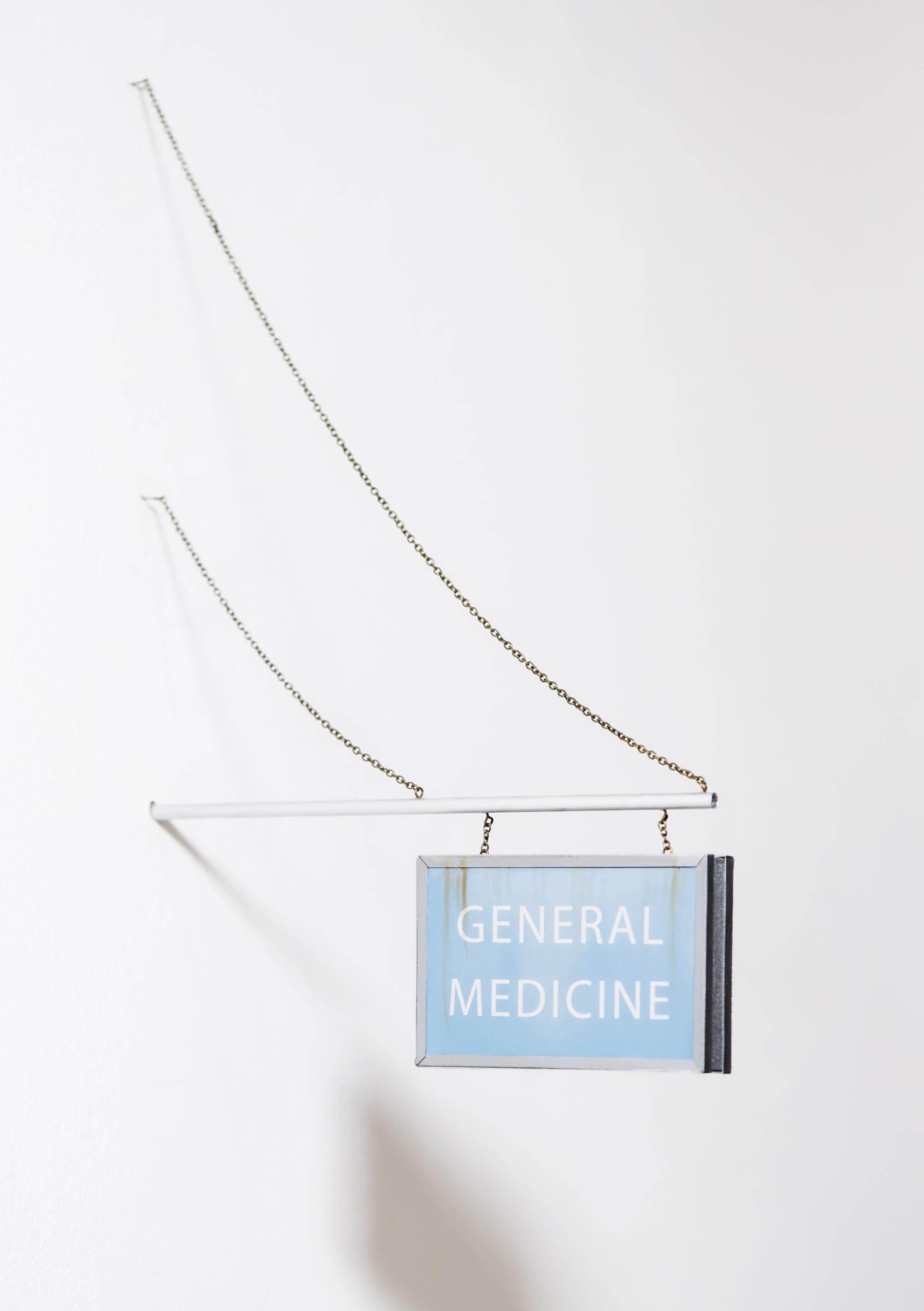 This piece titled "General Medicine" is original artwork made from paper, inkjet print, enamel, wire, chain, aluminum tube, and pastel by Drew Leshko. This piece measures 10"h x .75"w x 8"d.

Drew Leshko is a Philadelphia, Pennsylvania-based artist.