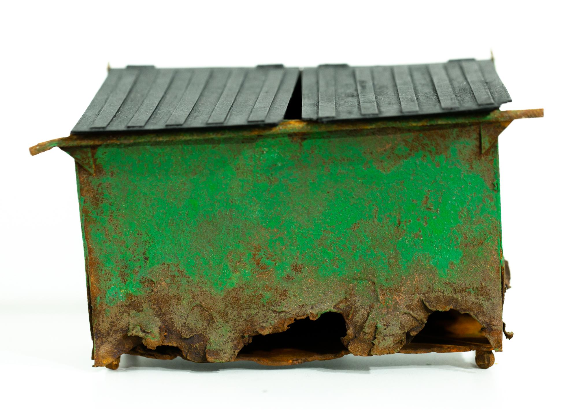 Drew Leshko Figurative Sculpture - "Green Dumpster", Miniature paper sculpture