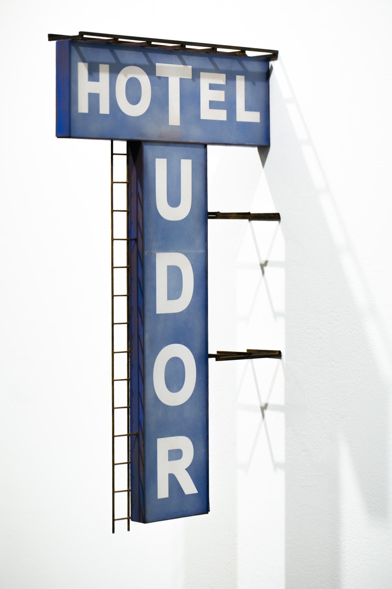 Drew Leshko Still-Life Sculpture - "Hotel Tudor", Miniature, Architecture, Sign, Cityscape, Sculpture, Blue, White