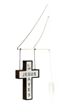 "Jesus Saves (hanging sign blue)", Miniature wall-hanging sculpture