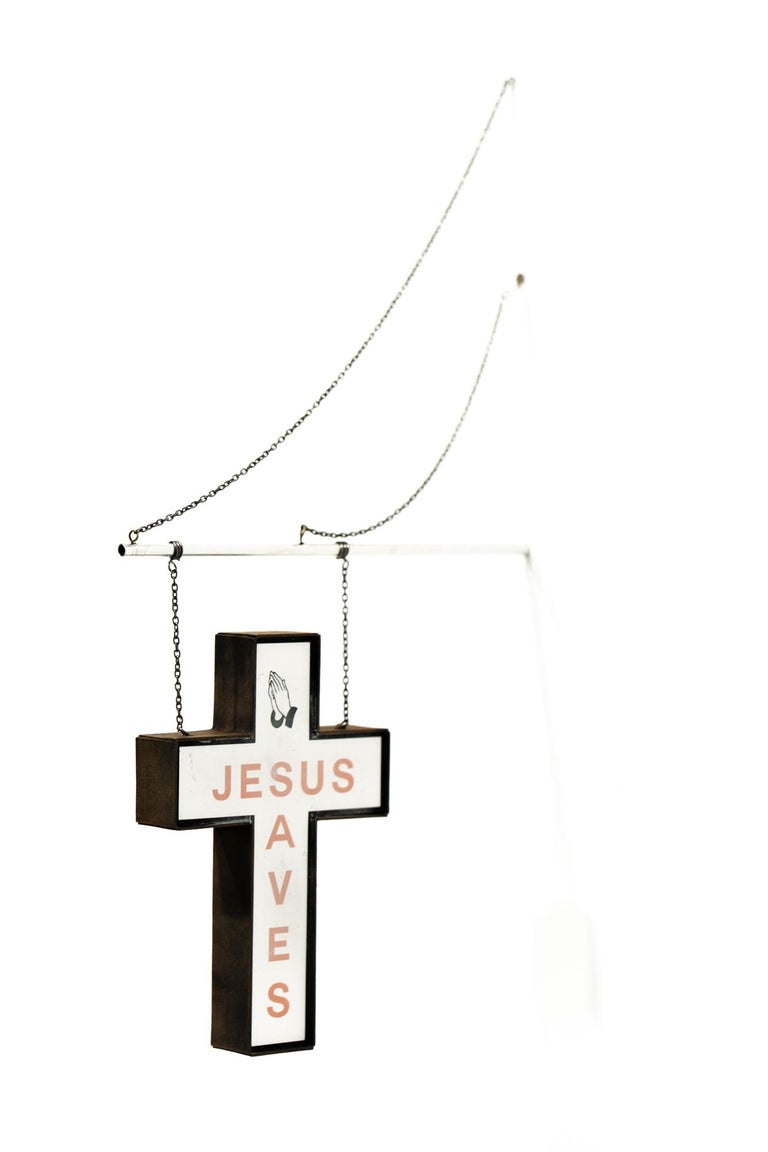 Drew Leshko Figurative Sculpture - "Jesus Saves (hanging sign red)", Miniature wall-hanging paper sculpture