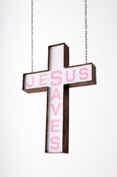 "Jesus Saves" Painted Paper and Chain Cross Church Sign by Drew Leshko