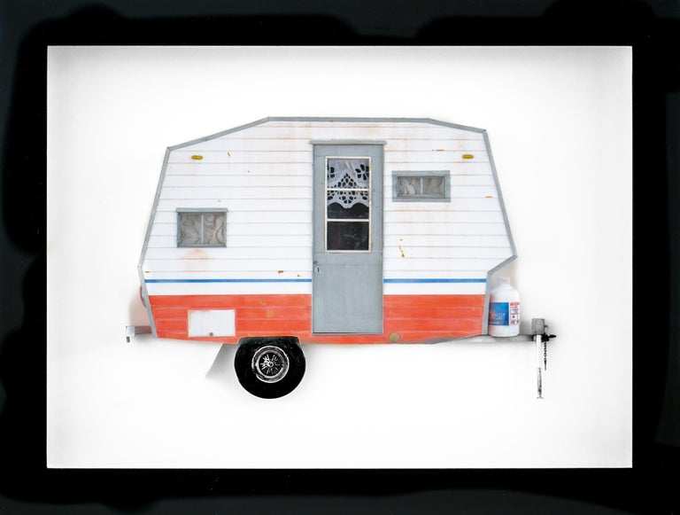 Drew Leshko Figurative Sculpture - "OVER IT", Miniature, camping trailer van, paper sculpture