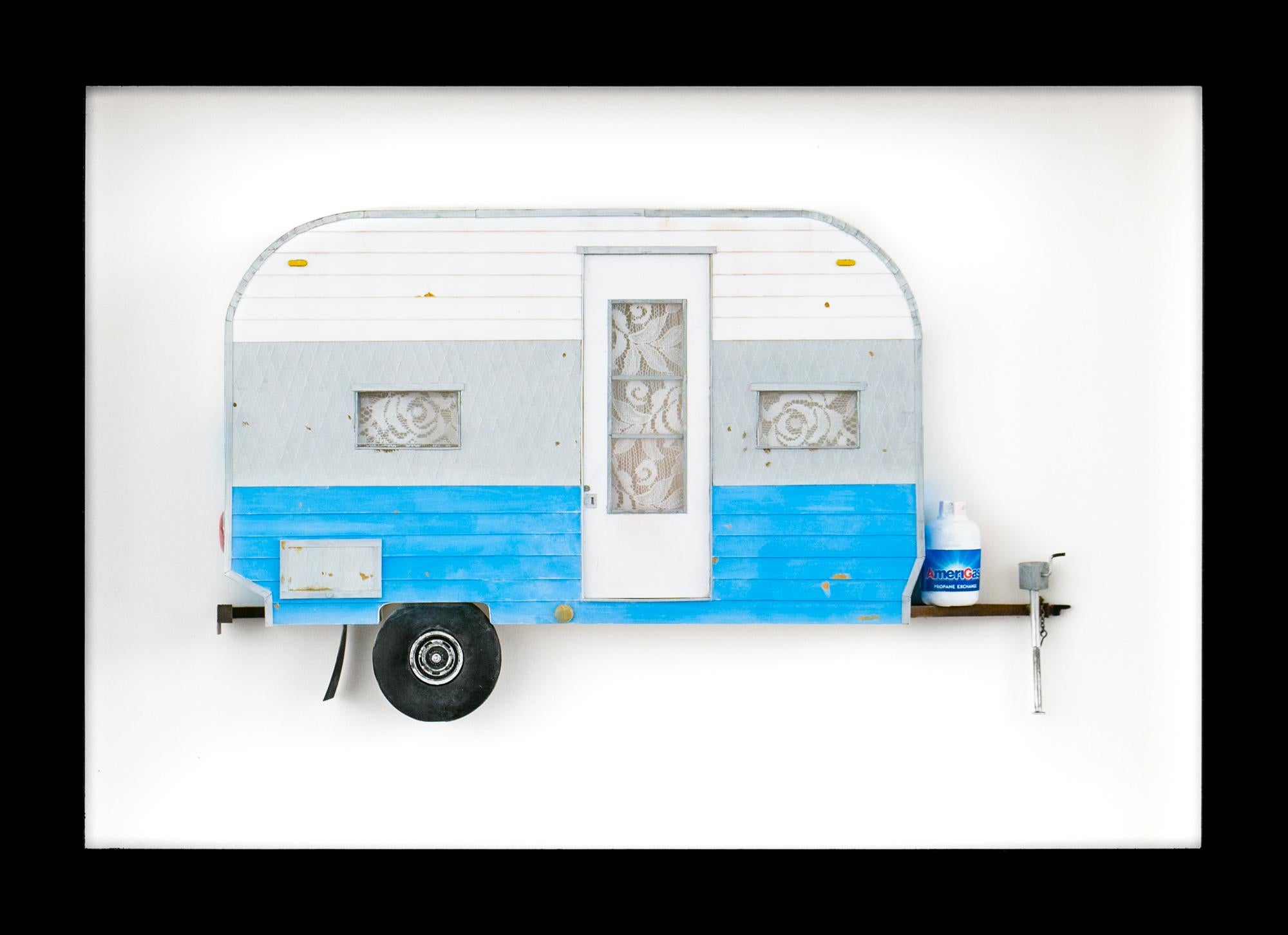 Drew Leshko Still-Life Sculpture - "PUPPIES", Miniature, camping trailer van, paper sculpture, blue, grey, white