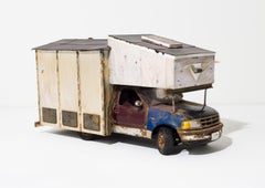 "Vagabond", Miniature Paper and Found object Sculpture, Rusted Camper Truck