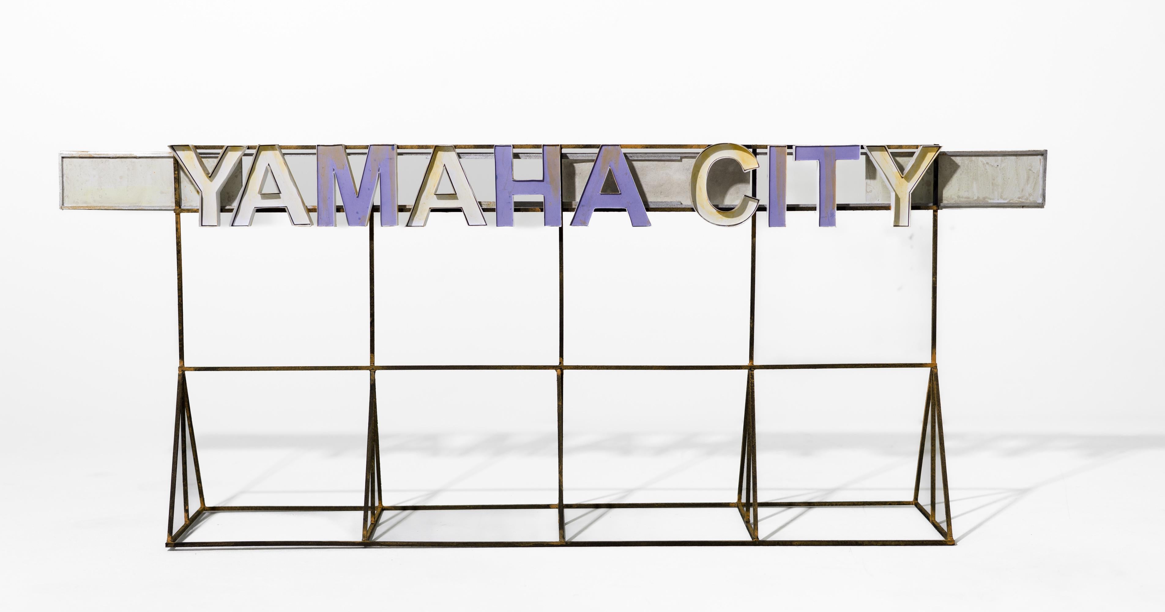 Drew Leshko Still-Life Sculpture - "Yamaha City" Hand-Crafted Small Scale Sign Structure Free Standing Sculpture