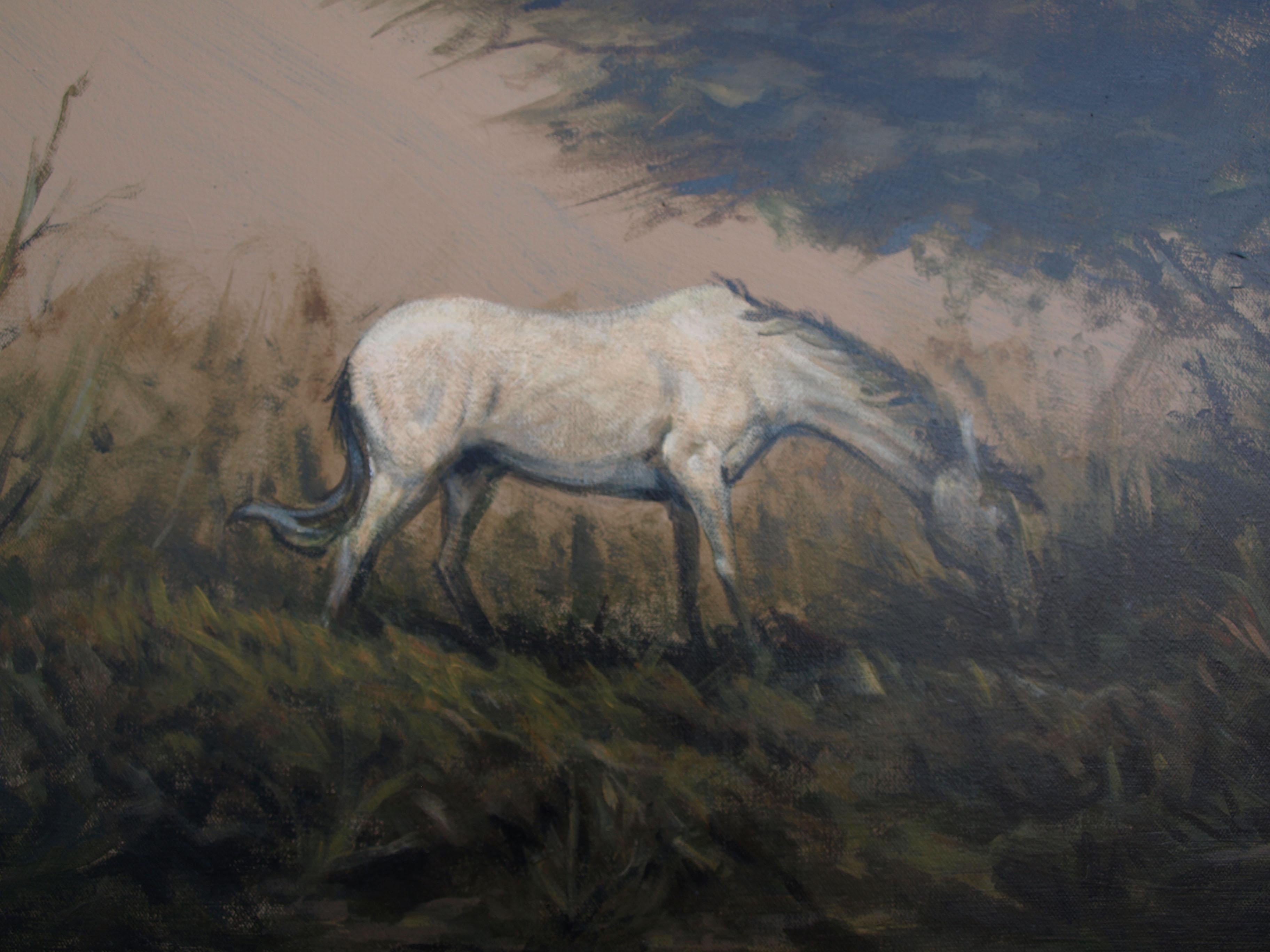 <p>Artist Comments<br />A white horse grazes under a large tree in a grassy field, bathed in the gentle moonlight. 