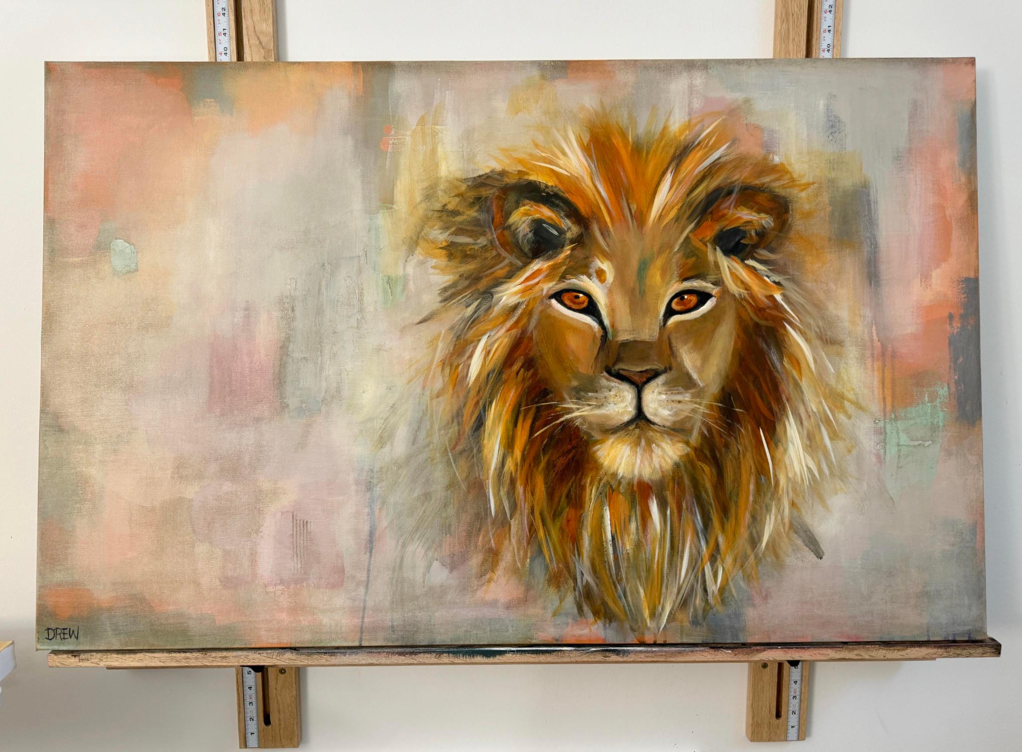 <p>Artist Comments<br />A lion emerges, its piercing, fiery eyes locking onto the viewer. Bold brushstrokes add volume to its mane, creating a striking contrast against the softly blended pastel background. The king of the jungle commands attention